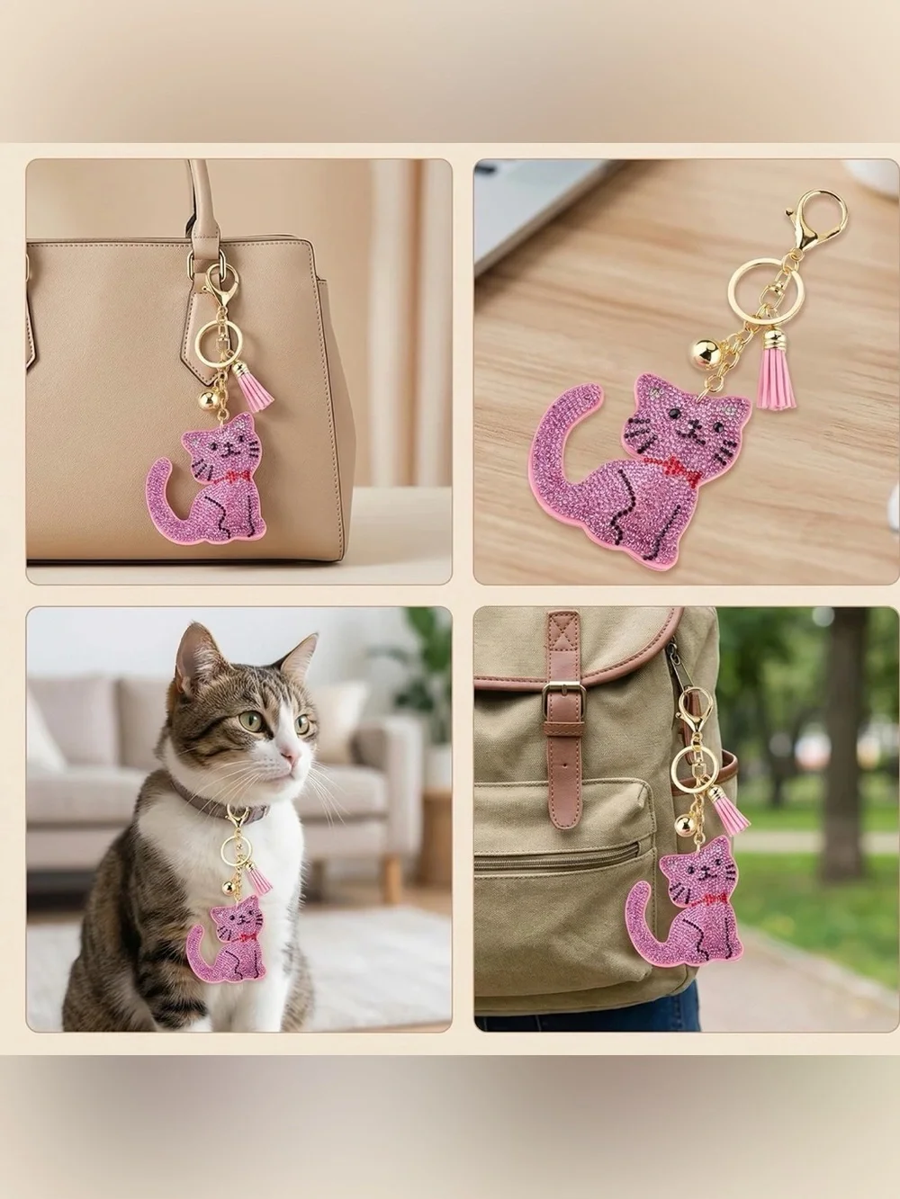 Pink Crystal Cat Keychain Charm with Tassel -